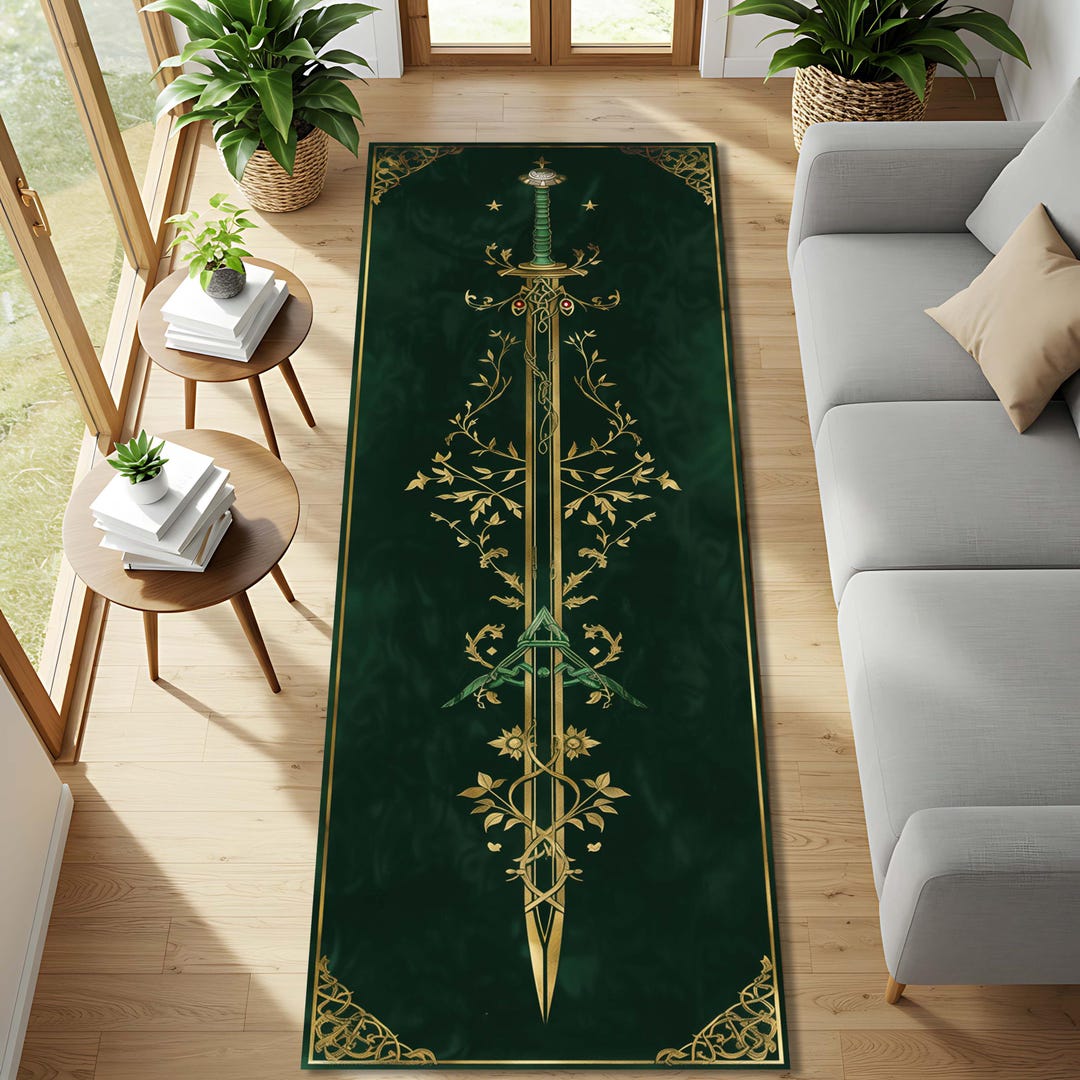 Smite Rama Rugs Emerald Sword Runner Rug, Medieval Fantasy Carpet With Gold Botanical ...