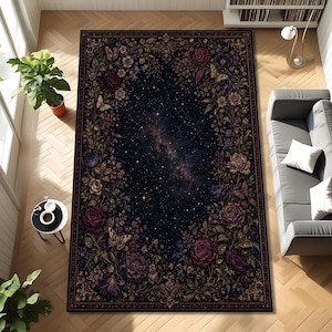 May include: A rectangular area rug featuring a dark navy blue centre depicting a starry night sky with a nebula and constellations, surrounded by a wide border of detailed purple and pink roses, various small flowers, and butterflies.