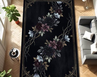 Dark Gothic Floral Area Rug Black Vintage Flower Carpet Moody Botanical Design Rug Gothic Home Decor Elegant Living Room Floor Mat