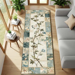 Peut inclure: Un tapis rectangulaire à motifs floraux avec un centre crème et une bordure de carrés bleus et crème. Le tapis présente un motif central d'une vigne fleurie avec des fleurs bleues et crème et des feuilles vertes. Le tapis est posé sur un sol en bois.