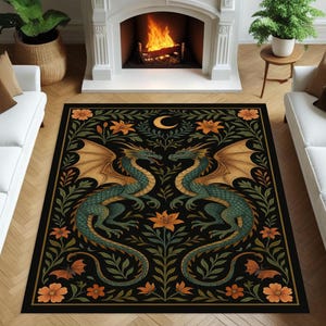 Medieval Dragon Rug Fantasy Gothic Carpet with Twin Dragons and Floral Pattern for Living Room Bedroom Mythical Creature Home Decor