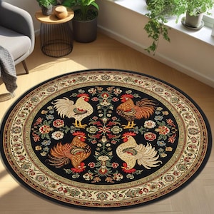 Folk Rooster Round Rug, Vintage Farmhouse Carpet with Floral Pattern and Colorful Chickens, Rustic Country Decor for Traditional Homes