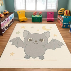 Bonita alfombra de murciélago de dibujos animados para habitación infantil: suave alfombra beige con estrellas y luna, adorable decoración de animales para la habitación de la bebé.
