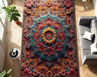 Colorful Boho Mandala Area Rug Floral Medallion Carpet Maximalist Home Decor Teal Orange Living Room Bedroom Floor Accent Mat Art Design