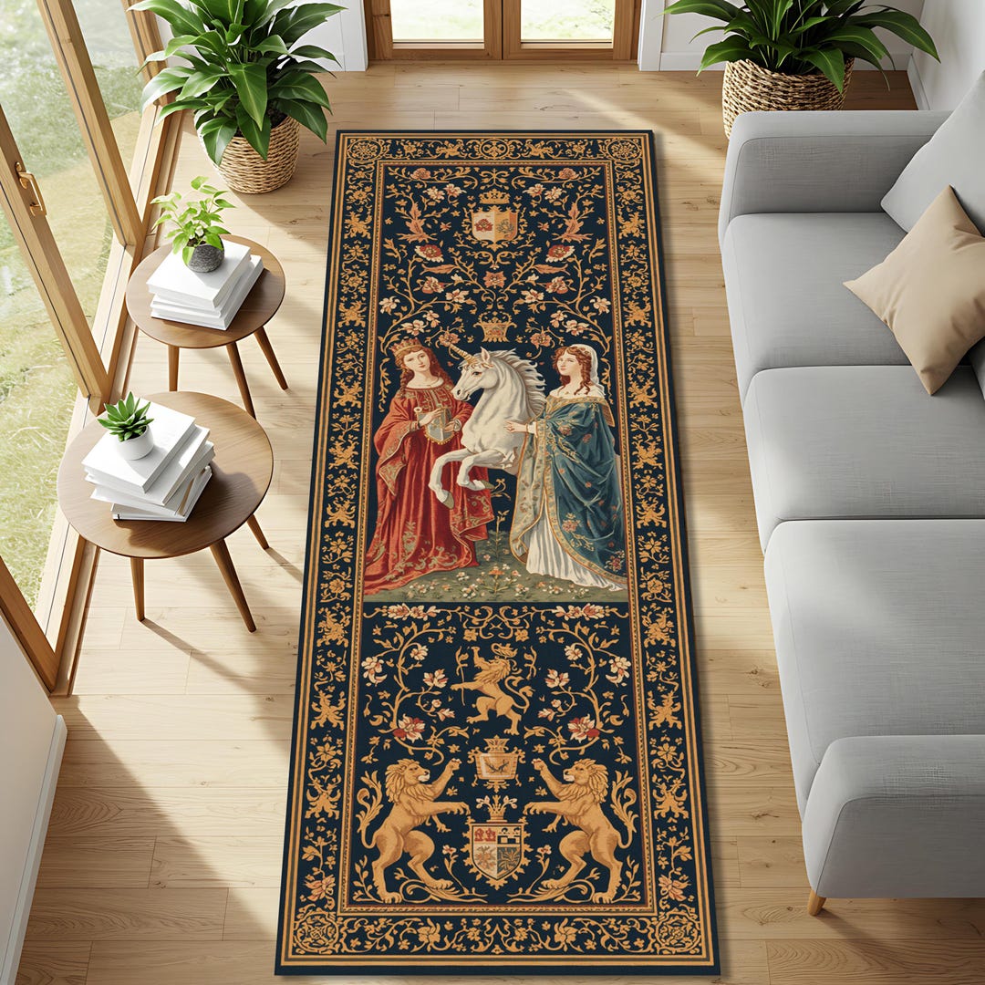 Medieval Rug Square Medieval Unicorn Tapestry Runner Rug, Dark Blue Heraldic Floral Hallway ...