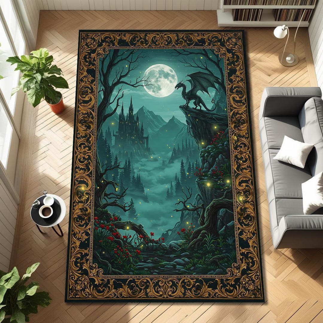 Mythical Dragon Rug, Gothic Fantasy Area Rug, Moonlit Castle Forest ...