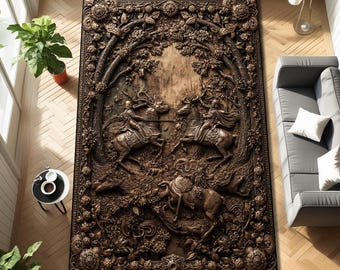 Medieval Deer Forest Area Rug, 3D Woodland Hunting Scene Carpet, Vintage Lodge Living Room Rug, Ornate Wildlife Cabin Decor Accent Floor Mat