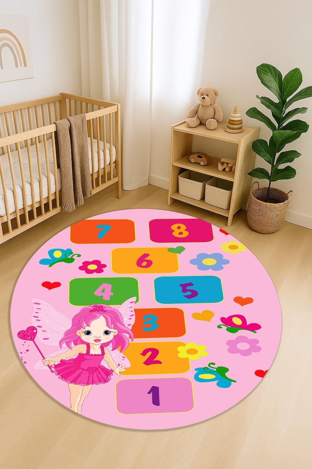 Fairy Rug Round Round Hopscotch Rug for Girls With Fairy and Numbers, Pink Pastel ...