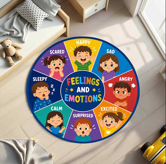 Feelings and Emotions Rug for Kids, Social Emotional Learning Round Rug, SEL Classroom Carpet, Preschool Playroom Decor, Toddler Gift Mat
