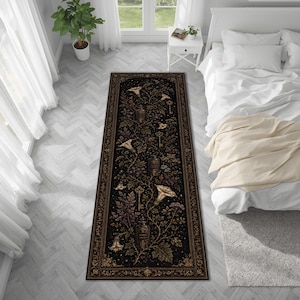 May include: A rectangular runner rug featuring a black background with a botanical pattern of white trumpet-shaped flowers, ferns, and vintage-style glass apothecary bottles. The design includes ornate gold-toned keys and a decorative border.
