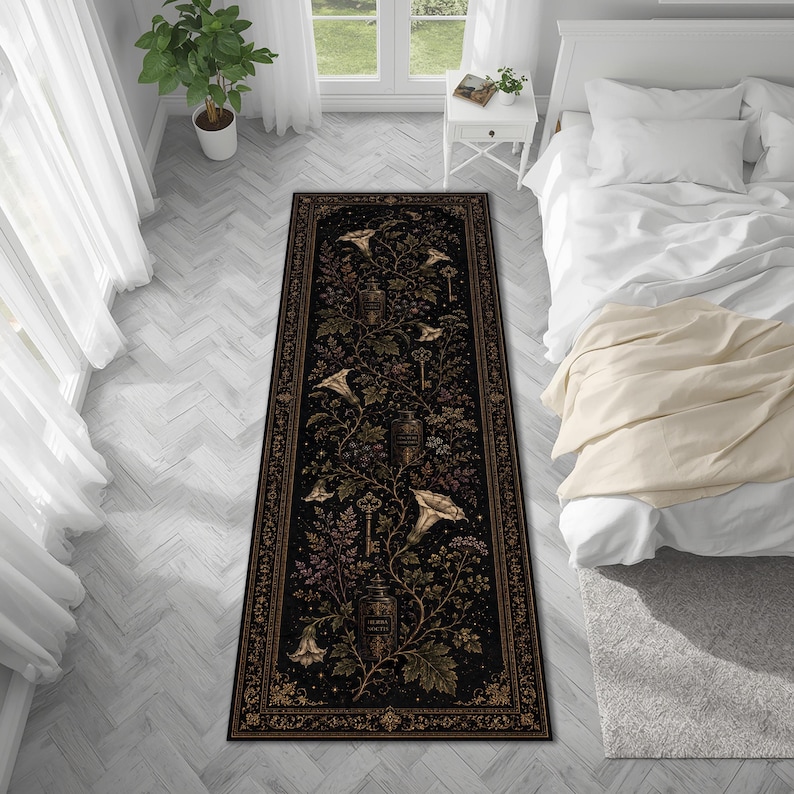 May include: A rectangular runner rug featuring a black background with a botanical pattern of white trumpet-shaped flowers, ferns, and vintage-style glass apothecary bottles. The design includes ornate gold-toned keys and a decorative border.