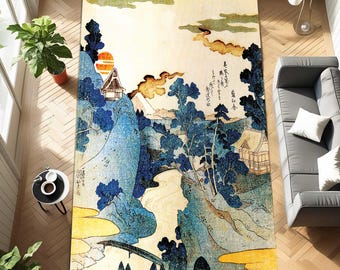 Japanese Ukiyo-e Landscape Rug, Vintage Woodblock Art Mountain River Scene, Blue Gold Scenic Area Carpet for Living Room Bedroom Decor