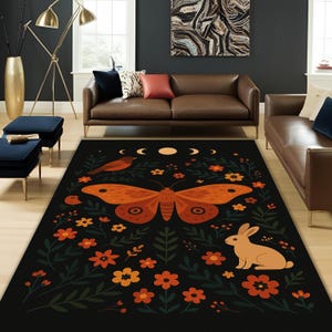 Boho Moth Rabbit Rug, Celestial Animal Carpet, Moon Phases Dark Decor, Nature Forest Bunny Mat, Spiritual Woodland Nursery Rug