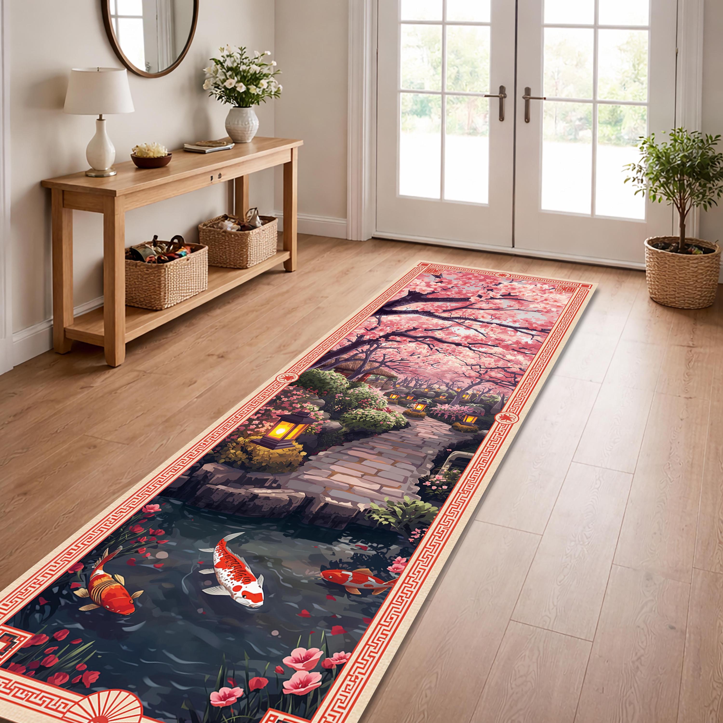 Japanese Cherry Blossom Garden Runner Rug, Sakura Koi Pond Path With ...