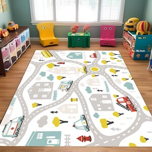 Stadswegenkaart kinderkleed, speelmat met auto's en gebouwen, educatief tapijt, peuterkamerdecor, verkeersspeelkleed voor jongens en meisjes