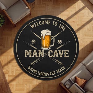 Man Cave Round Rug, Beer Mug Carpet with Pool Cues and 8-Ball Icons, Vintage Bar Style Floor Mat with Where Legends Are Made Quote