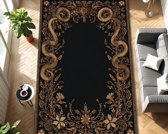 Tappeto gotico con serpente, nero e oro, decorazione floreale barocca, stile vittoriano, occulto, per soggiorno e camera da letto, tappetino decorativo per la casa, design artistico.