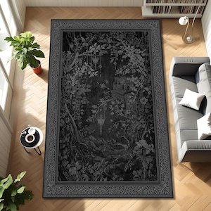 May include: A large, rectangular black area rug with a detailed forest scene design. The rug features trees, leaves, and hanging lanterns, with a decorative border. The rug is placed on a wooden floor.
