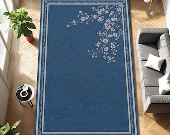 Minimalist Indigo Blue Rug with Cherry Blossom Branch, Japanese Zen Floral Carpet for Living Room Bedroom, Calm Modern Decor Gift