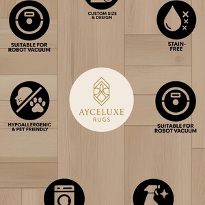 Pu&ograve; includere: Un logo circolare AYCELUXE RUGS circondato da sette icone nere su uno sfondo in legno chiaro. Le icone illustrano caratteristiche come compatibilit&agrave; con robot aspirapolvere, dimensioni personalizzate, antimacchia, ipoallergenico, adatto agli animali, lavabile in lavatrice e facile da pulire.