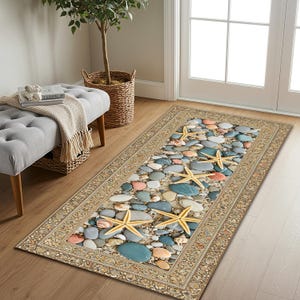 Beach Pebble Runner Rug with Starfish & Seashells, Coastal Summer Floor Mat, Ocean Theme Hallway Kitchen Entryway Decor, Nautical Sand image 4