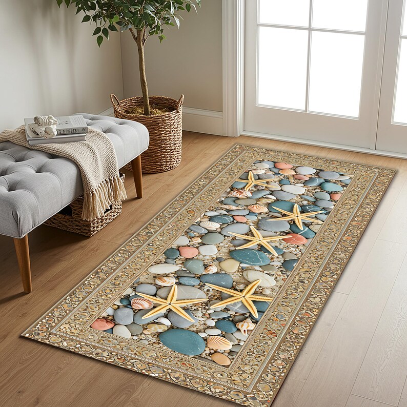 Beach Pebble Runner Rug with Starfish & Seashells, Coastal Summer Floor Mat, Ocean Theme Hallway Kitchen Entryway Decor, Nautical Sand image 4