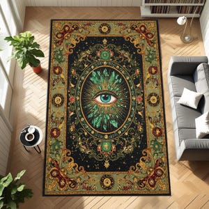 All Seeing Eye Rug, Mystical Tapestry Carpet with Crystal Burst and Zodiac Symbols, Occult Celestial Design for Esoteric Interiors