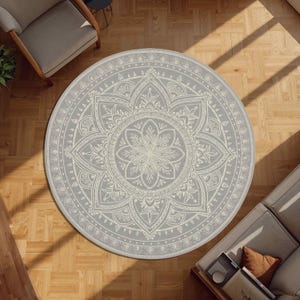 Mandala Lotus Round Rug for Meditation Room or Boho Living Spaces, Calm Zen Floor Carpet with Geometric Spiritual Pattern and Soft Tones