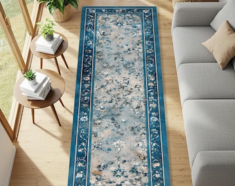 Teal Blue Vintage Runner Rug, Floral Border Hallway Carpet, Long Kitchen Runner, Distressed Persian Style Rug for Entryway Home Decor
