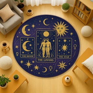 Alfombra de tarot celestial en forma redonda con cartas de Los Enamorados, La Luna y La Estrella, alfombra mística del zodíaco para altar o dormitorio boho