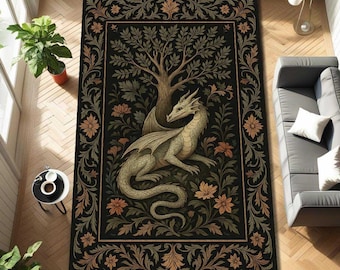 Gothic Drachen Botanischer Teppich, Mittelalterlicher Fantasy Teppich, Cottagecore Woodland Bodendekor für Wohnzimmer, Schlafzimmer, Zuhause