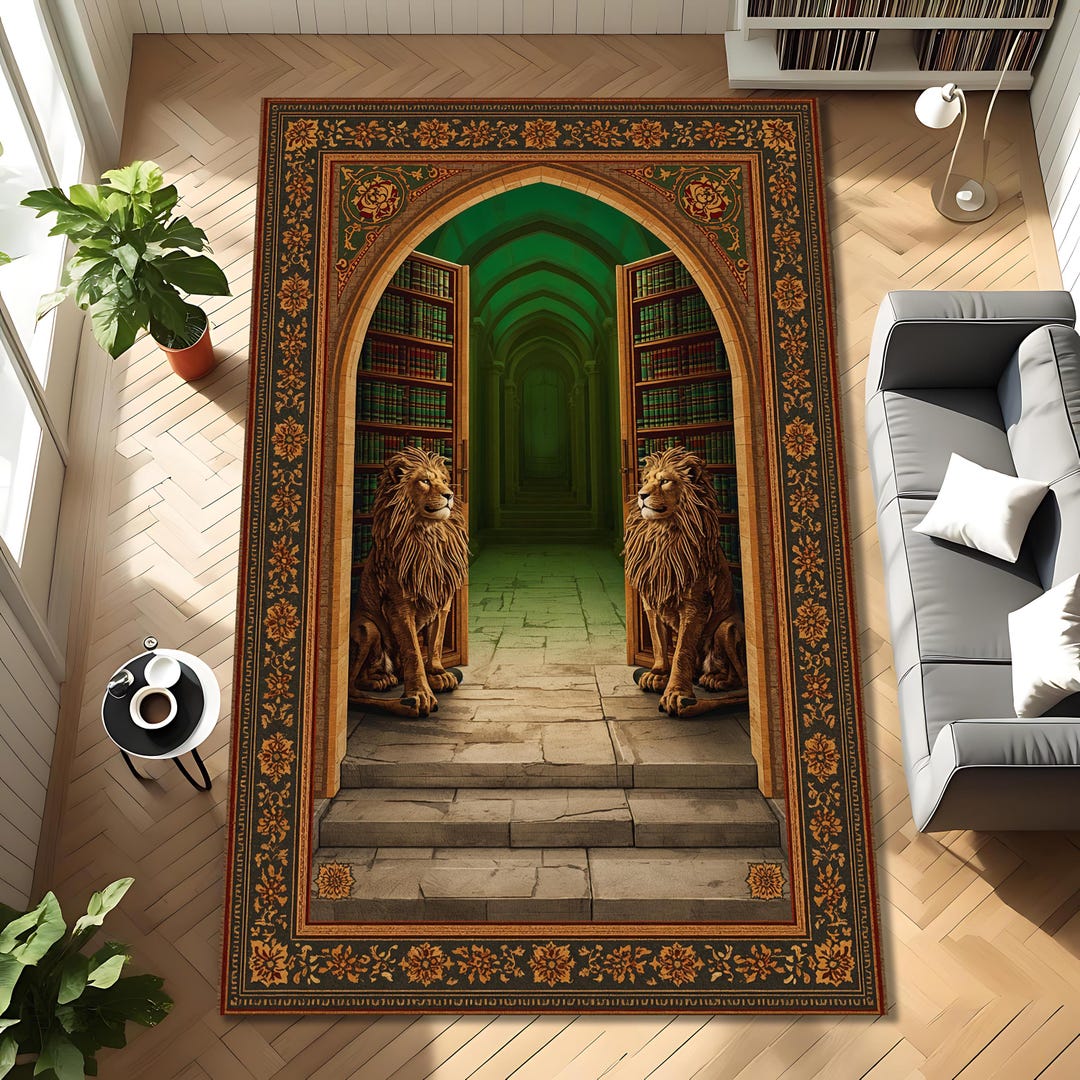 Ny Library Rugs Lion Guardian Library Rug, Gothic Archway Doorway Carpet With Vintage ...