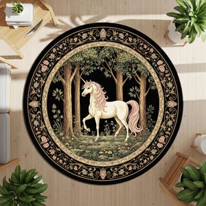 Medieval Unicorn Round Rug – Enchanted Forest Tapestry Carpet with Floral Border for Fantasy, Fairytale or Cottagecore Room Decor