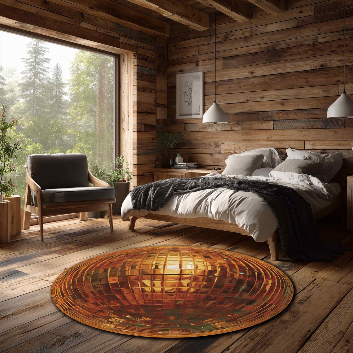 Gold Disco Ball Round Rug, Retro 70s Mirrorball Carpet, Funky Glam ...