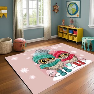 Bonita alfombra de invierno con diseño de búho para habitación infantil, alfombra de animales de dibujos animados para guardería de niñas o niños, cálida alfombra de juegos con temática nevada, acogedora decoración de animales.