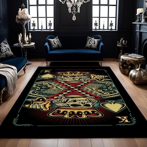 Alfombra de cartas con diseño de rey esqueleto, alfombra gótica para naipes, decoración de sala de póker con calaveras oscuras, alfombra de picas vanguardista, tapete de calavera estilo tatuaje