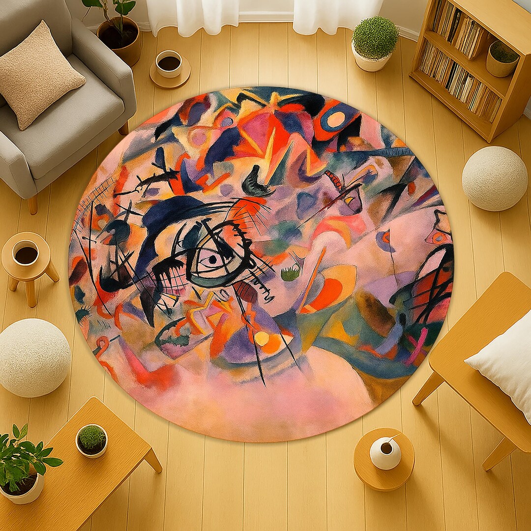 Round Large Rug Abstract Abstract Art Round Rug Inspired by Kandinsky, Colorful Geometric Circle ...