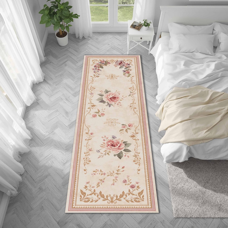 French Country Floral Runner Rug With Vintage Rose Design for Hallway ...