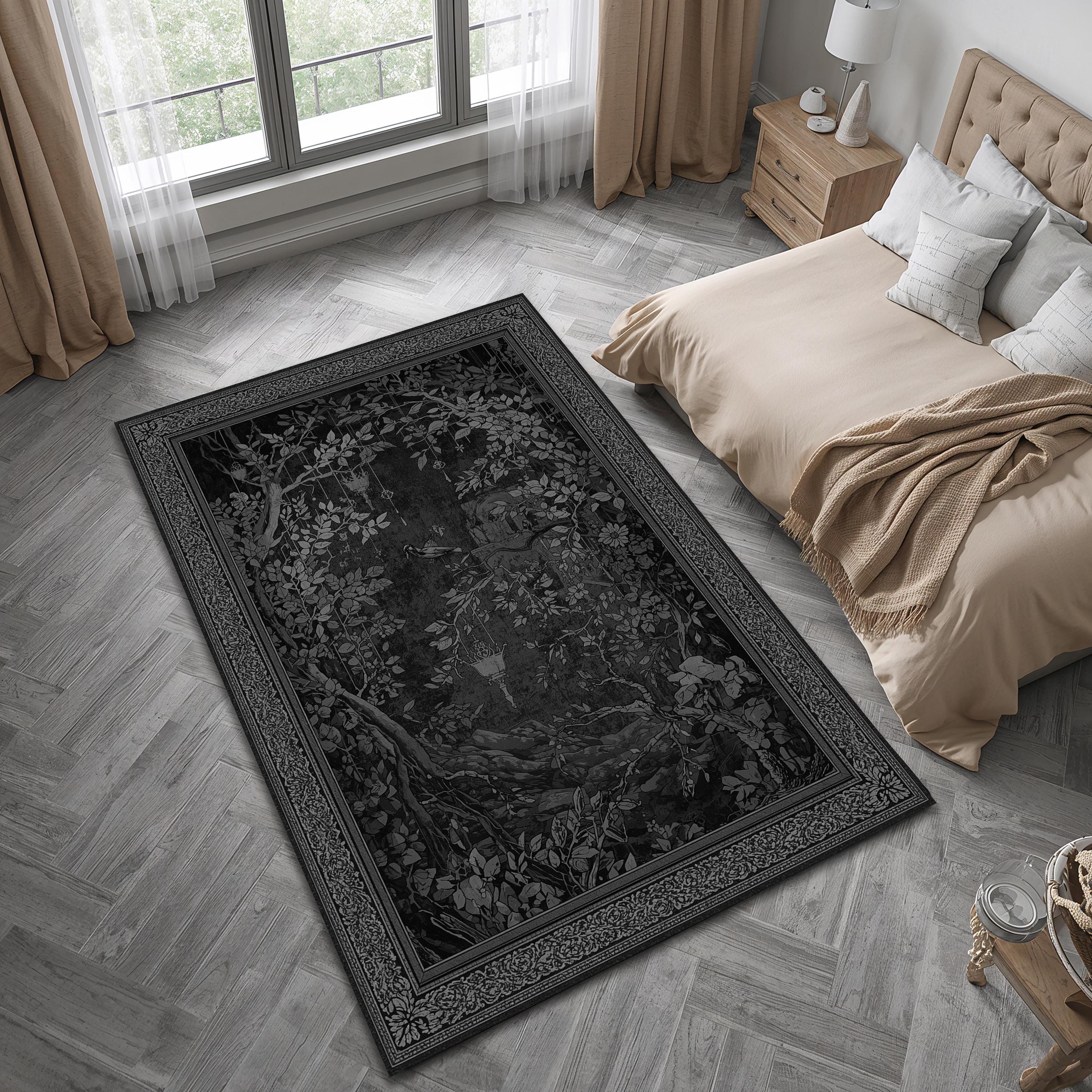 Gothic Dark Forest Rug With Raven and Lanterns, Monochrome Woodland ...