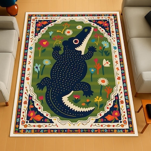 Whimsical Alligator Rug, Fun Floral Crocodile Carpet with Bold Colors, Colorful Animal Pattern Floor Mat for Kids Room or Play Area