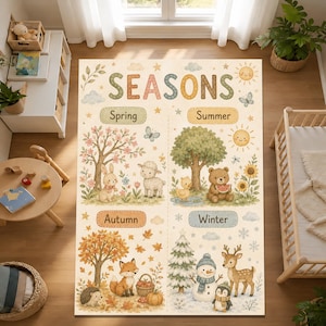 May include: A rectangular area rug featuring a four-season educational design with the text SEASONS. It displays illustrations of spring with a rabbit and lamb, summer with a bear and duck, autumn with a fox and hedgehog, and winter with a snowman, deer, and penguin.