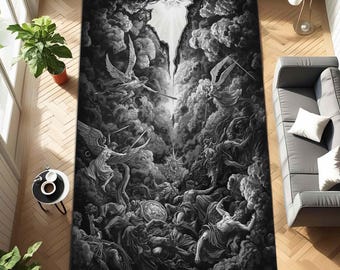 Gothic Angel Battle Rug with Dark Mythology Scene – Black and White Dramatic Carpet for Occult Decor, Baroque Religious Art Floor Mat