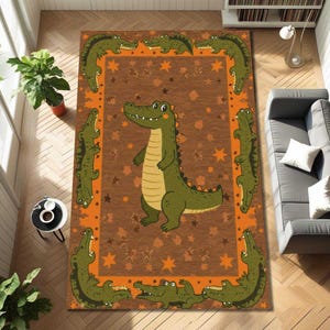 Whimsical Alligator Kids Rug, Cute Cartoon Crocodile with Stars, Fun Jungle Floor Decor for Nursery, Playroom, Bedroom or Living Room