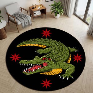 Traditional Tattoo Crocodile Rug Round Flash Carpet, Old School Alligator Floor Mat, Alternative Punk Room Decor, Bold Ink Art Home Rug