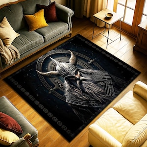 Viking Warrior Rug, Norse Mythology Decor Carpet, Dark Gothic Nordic Tapestry Floor Mat, Odin Inspired Scandinavian Art