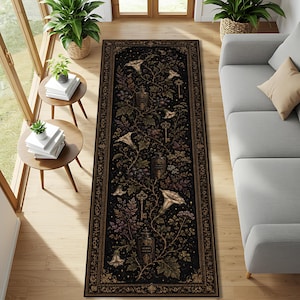 May include: A long rectangular runner rug featuring a black background with a botanical pattern of white trumpet-shaped flowers, dark green foliage, and vintage apothecary bottles. The design includes ornate gold keys and a decorative border.