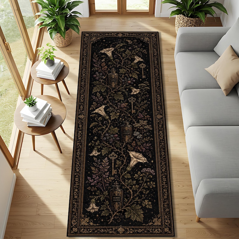 May include: A long rectangular runner rug featuring a black background with a botanical pattern of white trumpet-shaped flowers, dark green foliage, and vintage apothecary bottles. The design includes ornate gold keys and a decorative border.