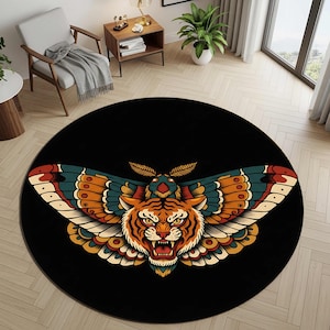 Tiger Moth Tattoo Rug: Round Traditional Flash Art Carpet