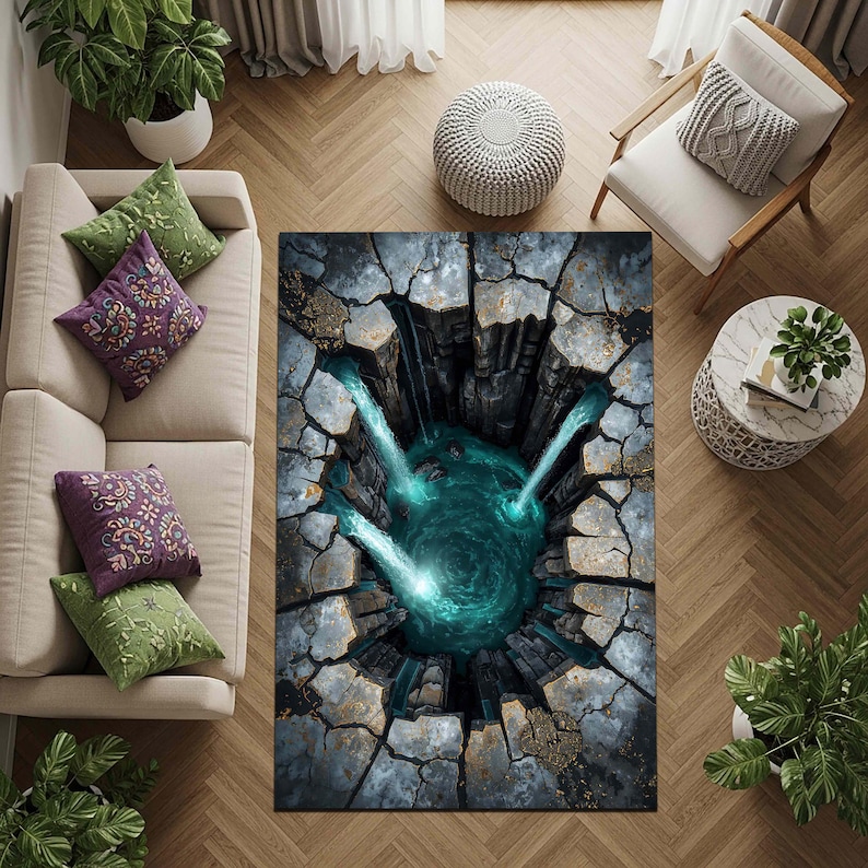 3D Waterfall Rug With Cracked Stone Illusion Design, Realistic Floor ...