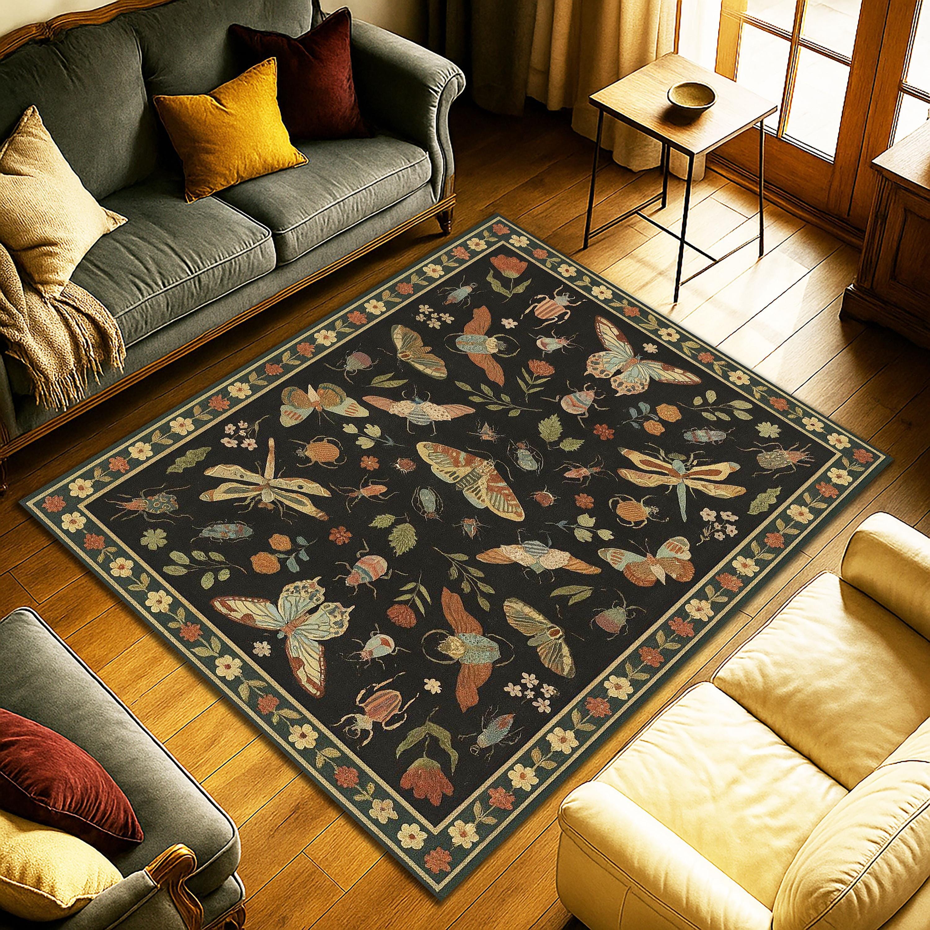 Vintage Insect Butterfly Rug, Botanical Nature Carpet With Bugs, Dark ...